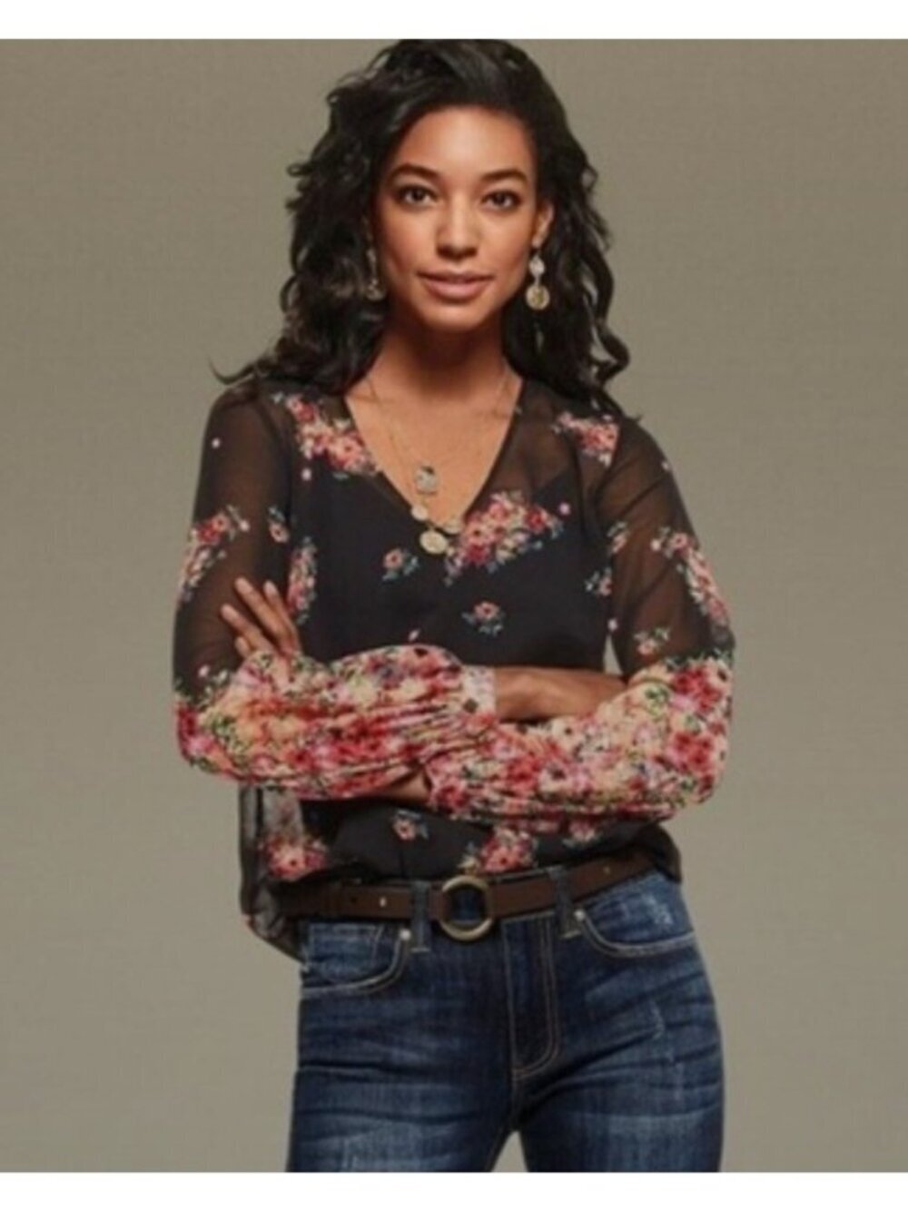 Cabi Blooming Blouse Black Floral Sheer Chiffon Top Boho Romantic XL 3594